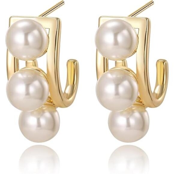 14K Gold-Plated Triple Pearl Drop Earrings – Elegant, Hypoallergenic - Picture 4 of 4